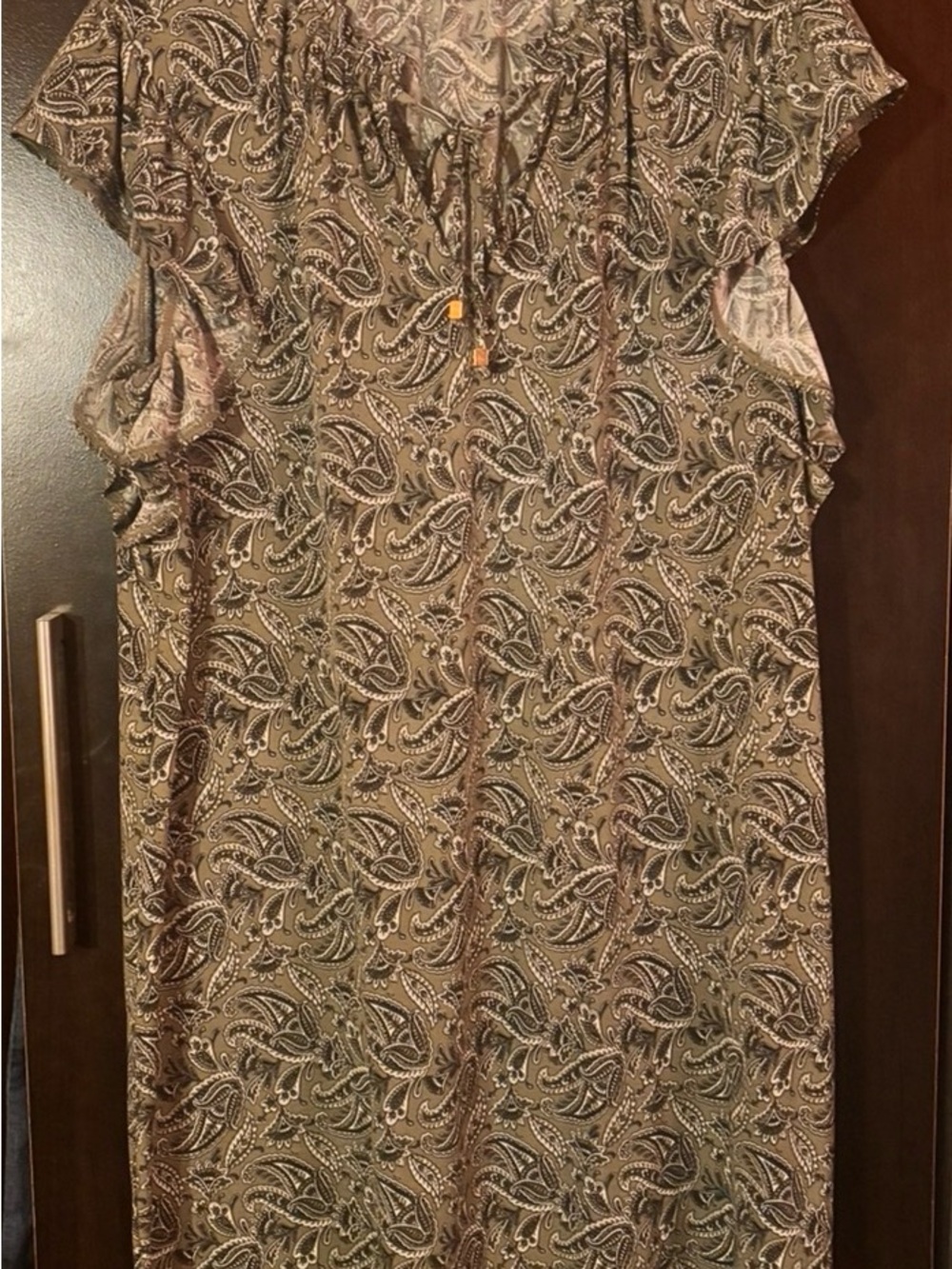 Michael Kors Paisley Tie-Neck Midi Dress in Brown and Cream